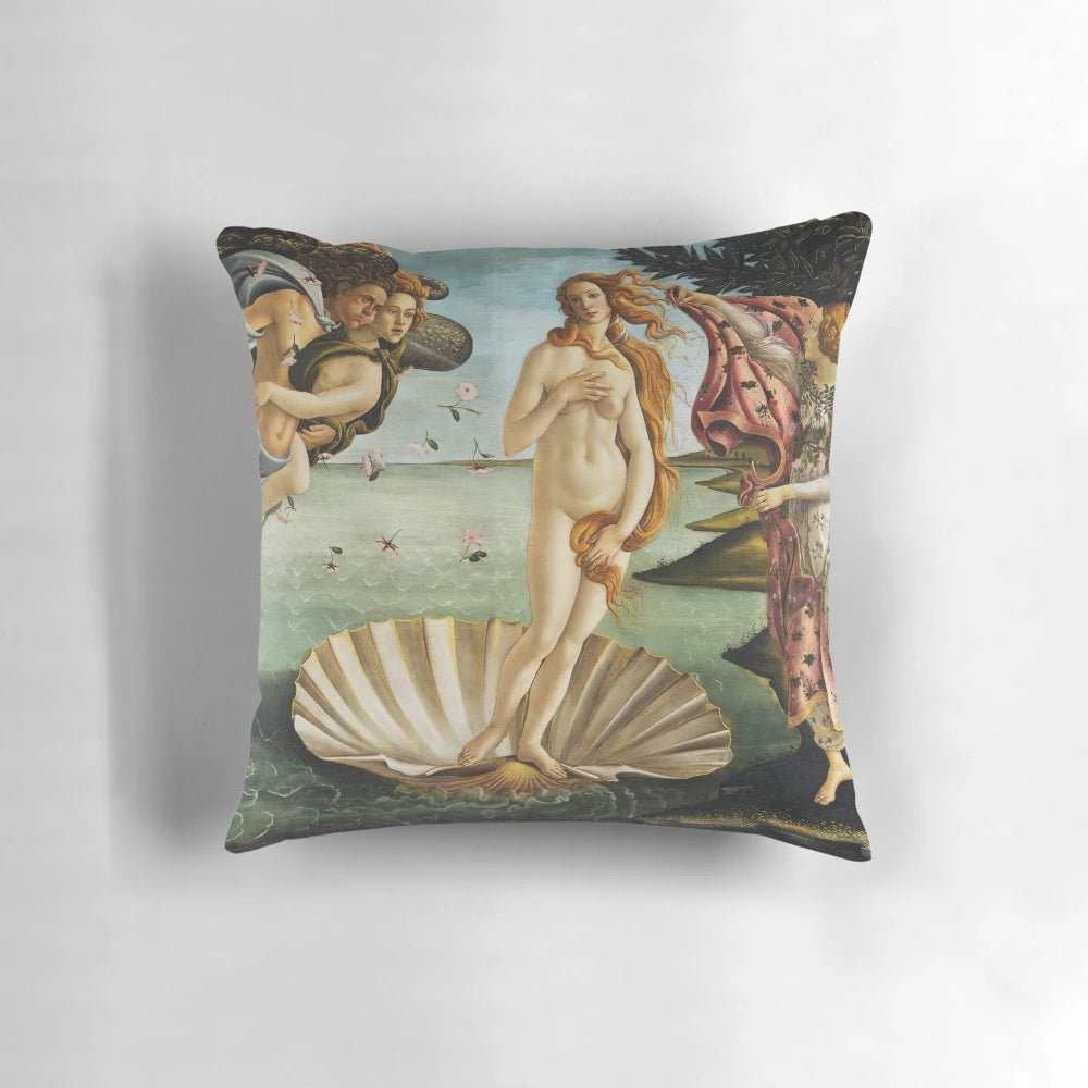 Decorative throw pillow featuring the famous painting "The Birth of Venus" by Sandro Botticelli.
