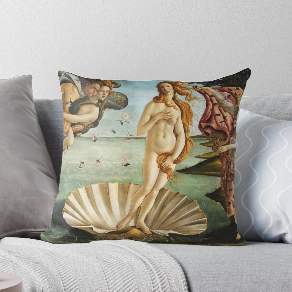 Decorative throw pillow featuring the famous painting "The Birth of Venus" by Sandro Botticelli.