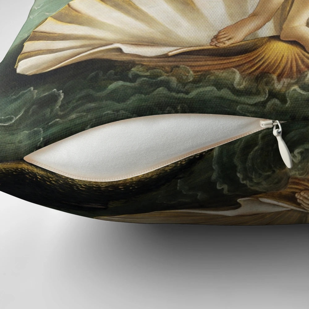 Decorative throw pillow featuring the famous painting "The Birth of Venus" by Sandro Botticelli.