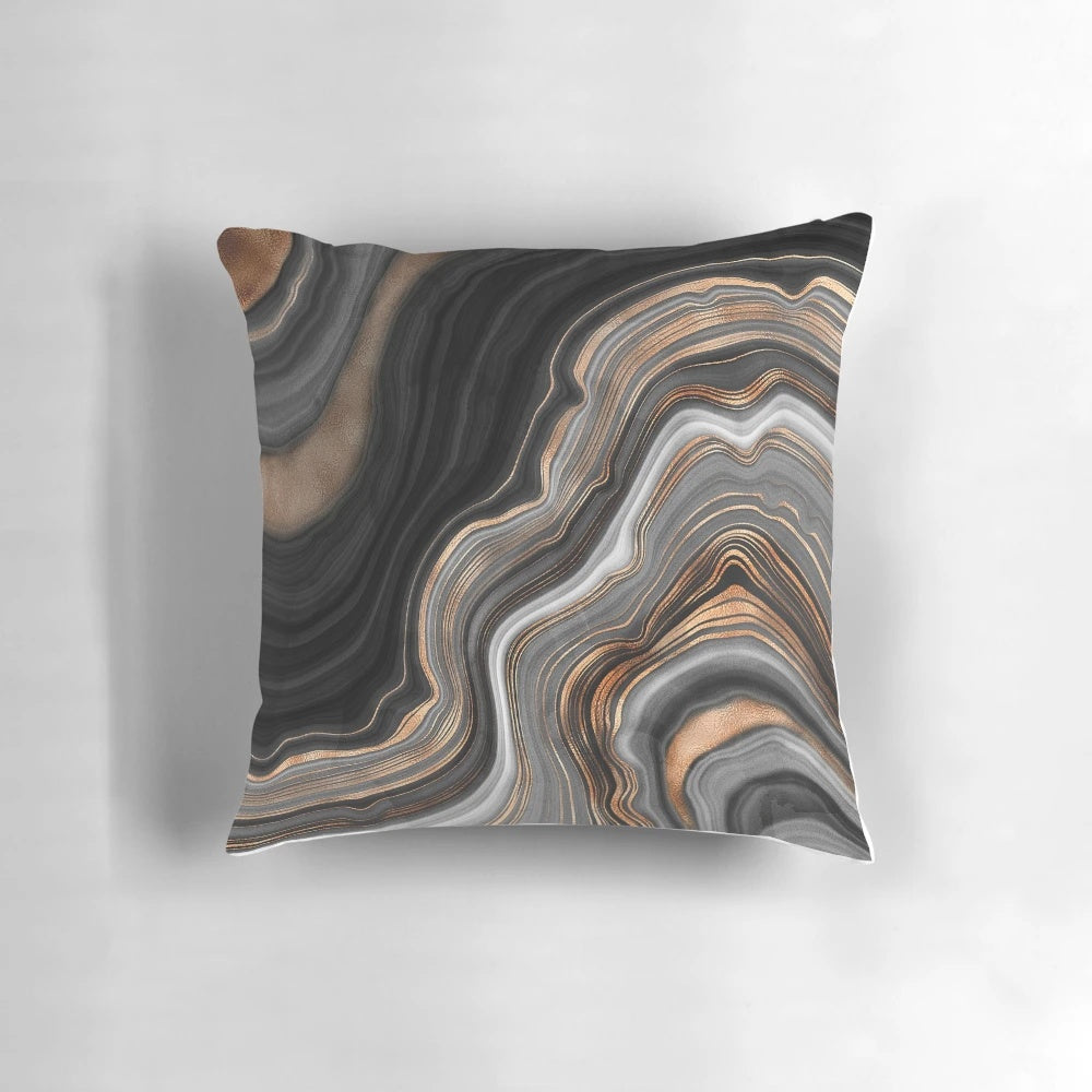 Luxurious black and gray marble-patterned throw pillow with golden veins, perfect for modern and bohemian home decor.