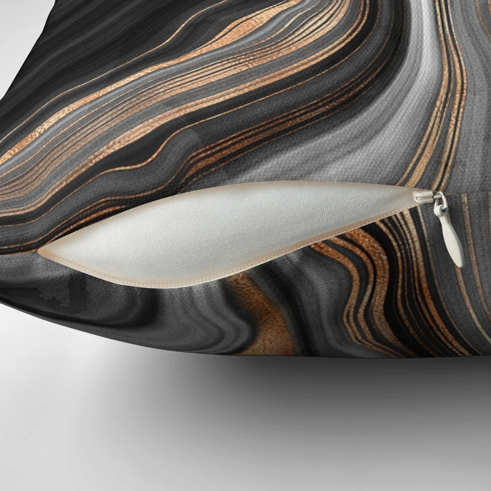 Luxurious black and gray marble-patterned throw pillow with golden veins, perfect for modern and bohemian home decor.