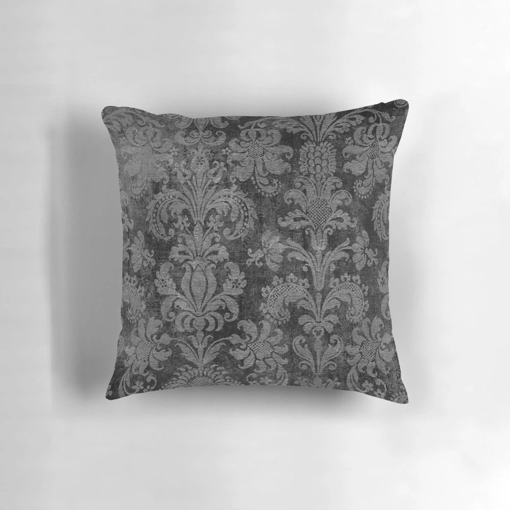 Luxurious black and grey damask pillow with brocade pattern