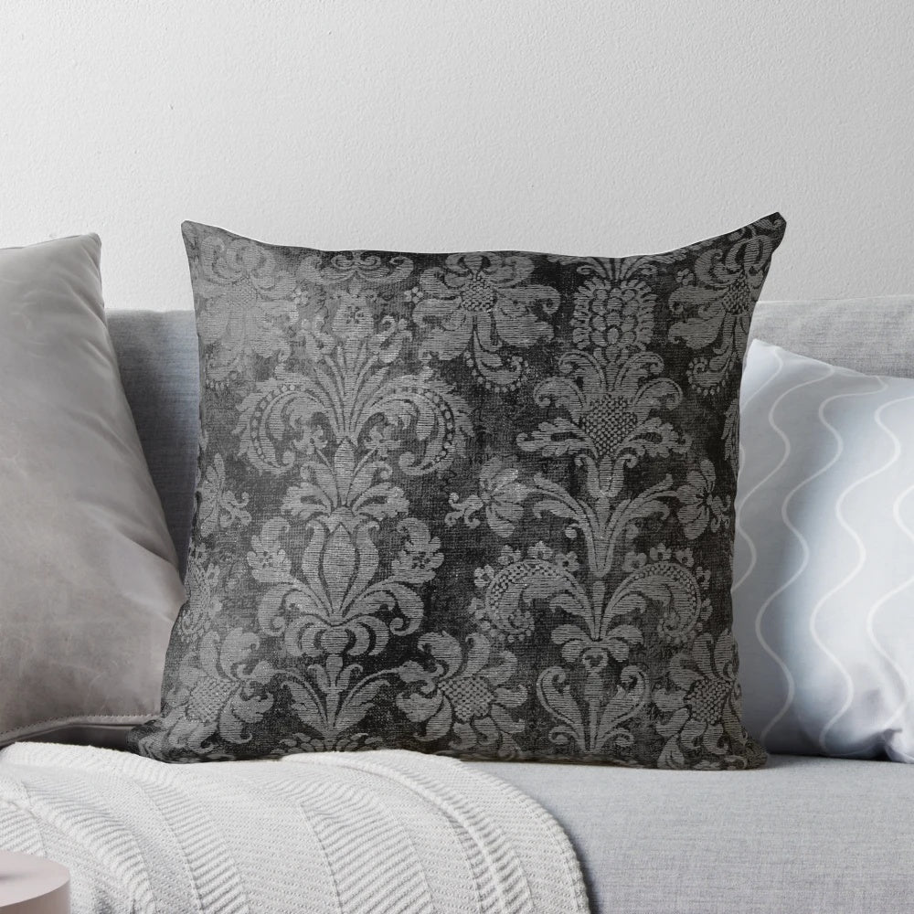 Luxurious black and grey damask pillow with brocade pattern