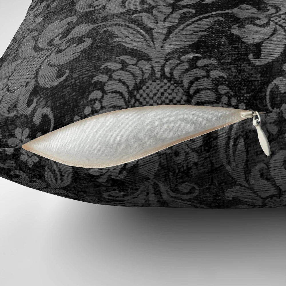 Luxurious black and grey damask pillow with brocade pattern