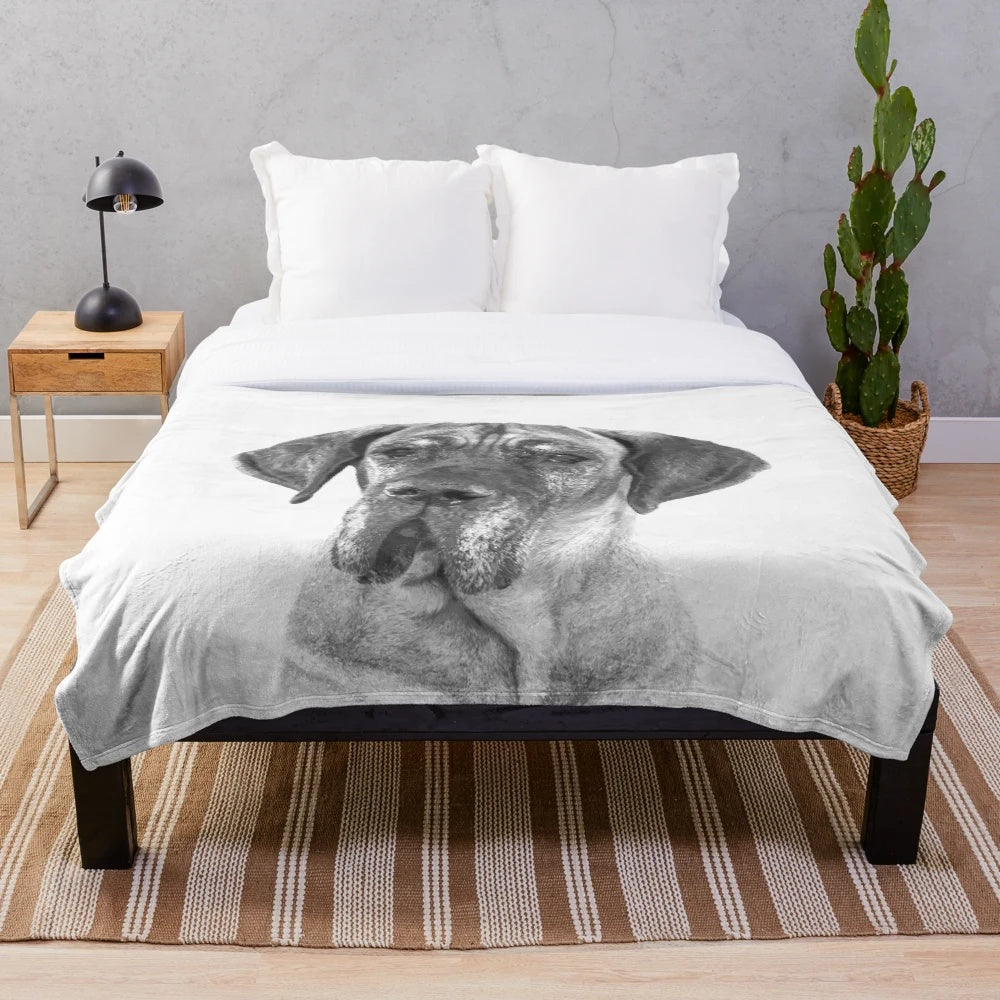 Soft, plush black and white great dane dog blanket with a watercolor-style portrait design