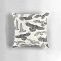 A stylish black throw pillow featuring a stunning pattern of birds of prey like owls, hawks, and eagles.