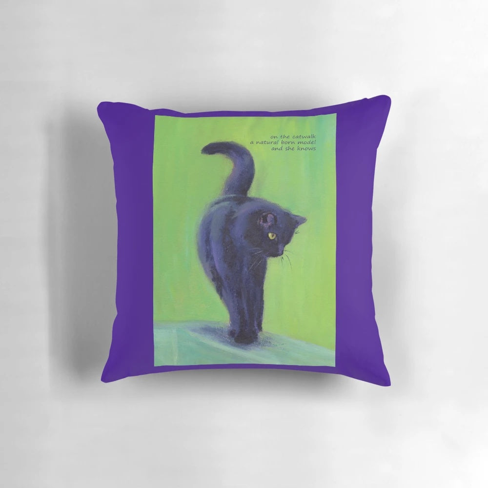 A Pillow featuring a haiku poem about a black cat modeling on the catwalk