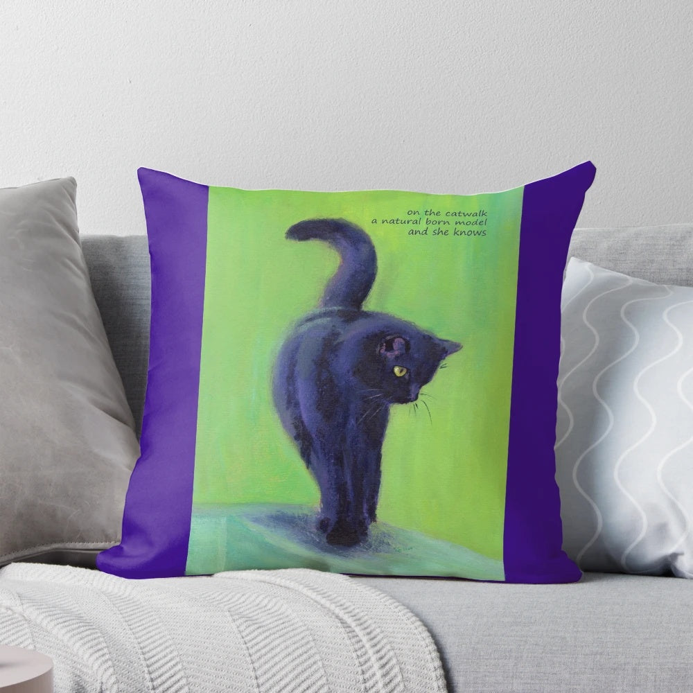 A Pillow featuring a haiku poem about a black cat modeling on the catwalk