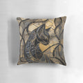 Decorative throw pillow featuring a stained glass mosaic black cat design with golden kintsugi-inspired accents.