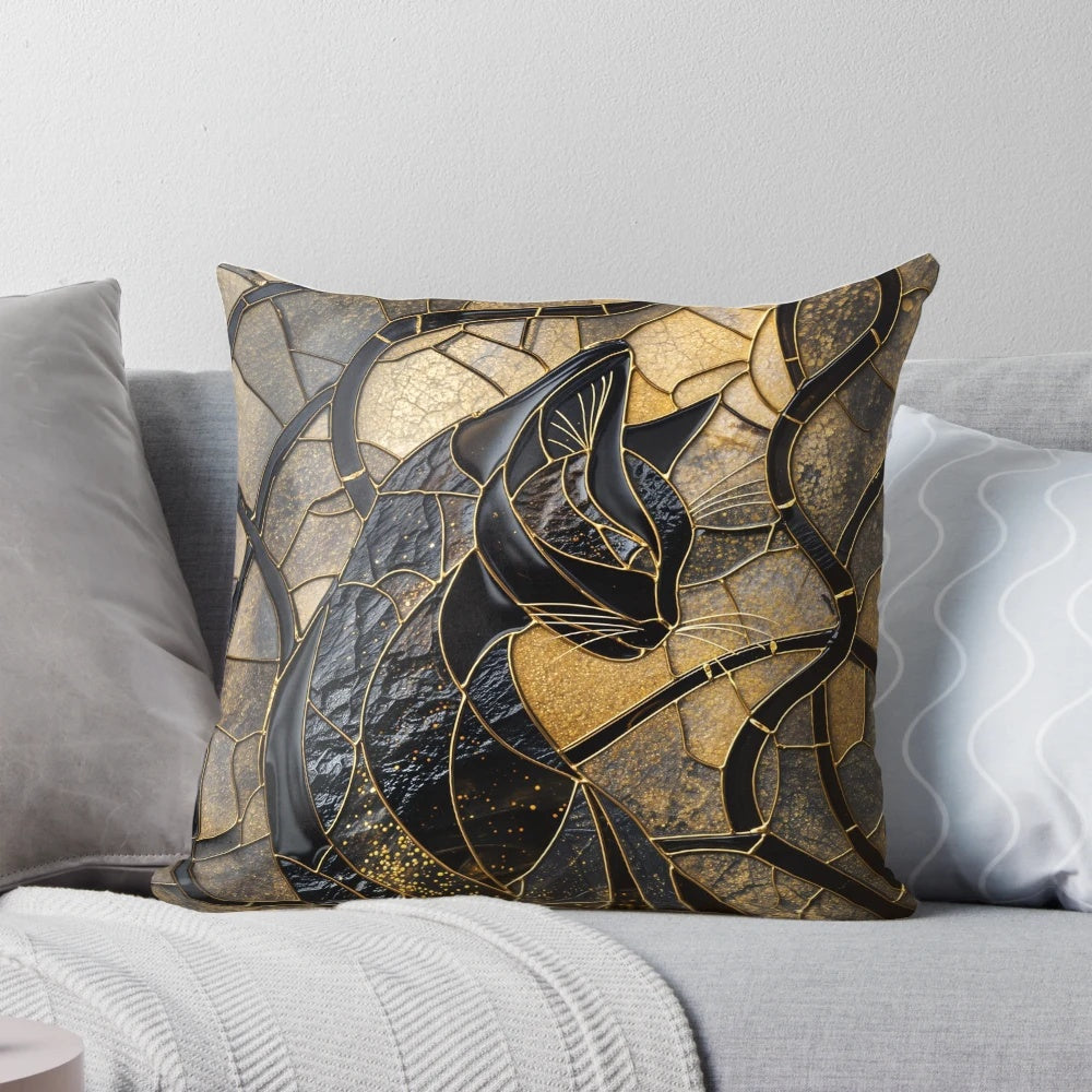 Decorative throw pillow featuring a stained glass mosaic black cat design with golden kintsugi-inspired accents.