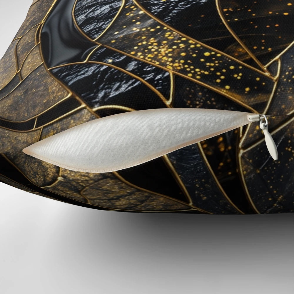 Decorative throw pillow featuring a stained glass mosaic black cat design with golden kintsugi-inspired accents.
