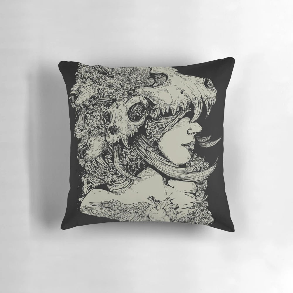 Black decorative Gia Girl pillow with a striking skull design, perfect for adding a touch of gothic style to your bedroom or living room.