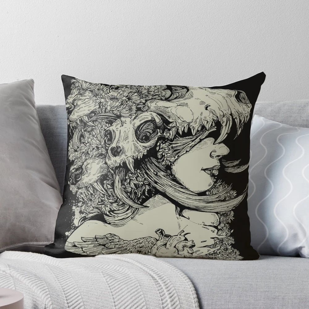 Black decorative Gia Girl pillow with a striking skull design, perfect for adding a touch of gothic style to your bedroom or living room.
