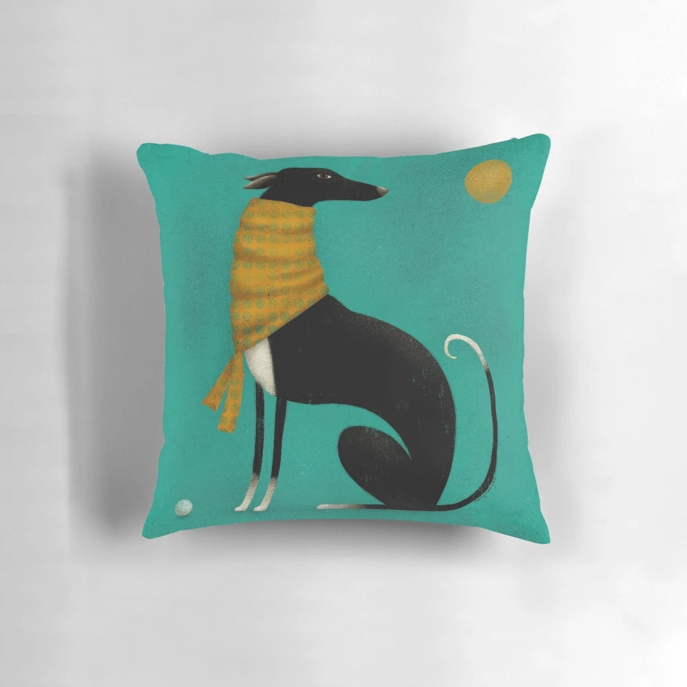 Beautiful black greyhound dog art printed on a high-quality pillow