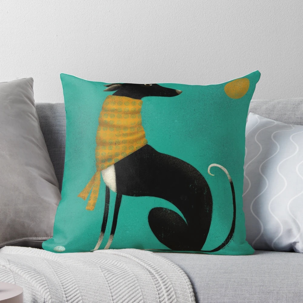 Beautiful black greyhound dog art printed on a high-quality pillow
