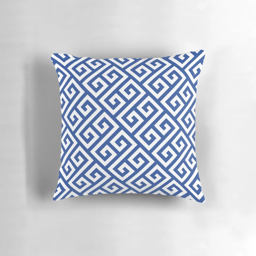 Blue and white pillow with famous Greek key fret design