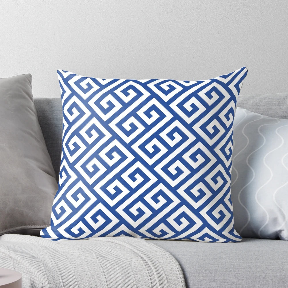 Blue and white pillow with famous Greek key fret design