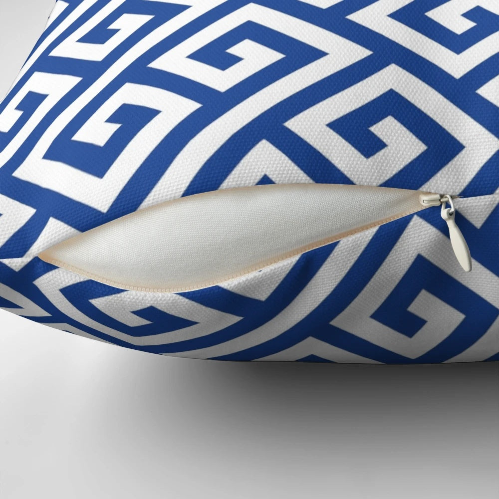 Blue and white pillow with famous Greek key fret design