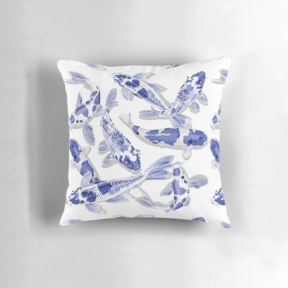 Beautiful blue and white koi fish design decorative throw pillow for Asian-themed home decor