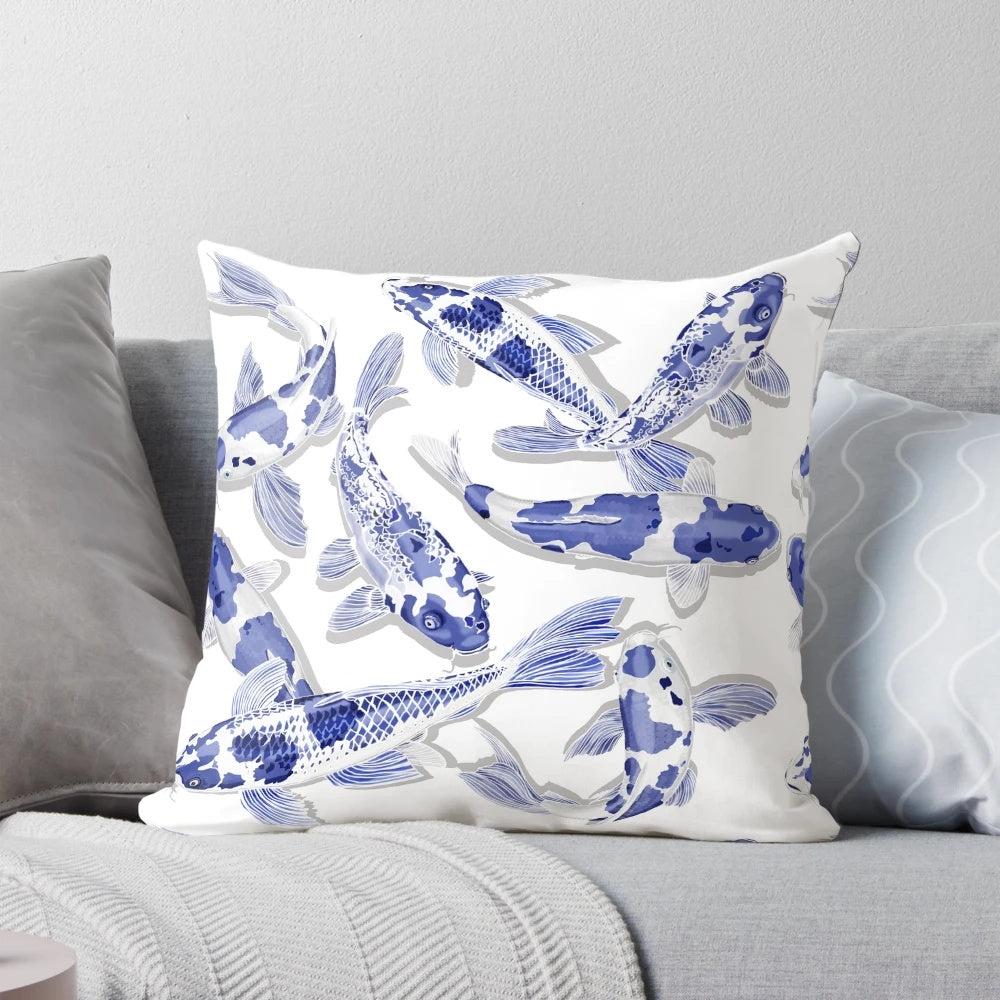 Beautiful blue and white koi fish design decorative throw pillow for Asian-themed home decor