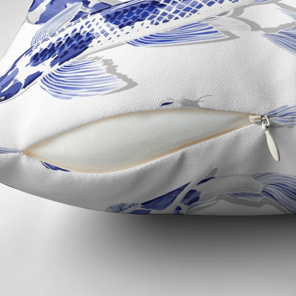 Beautiful blue and white koi fish design decorative throw pillow for Asian-themed home decor