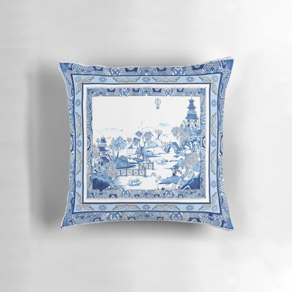 Blue and white porcelain inspired double frame pillow with pagoda and ginger jar design