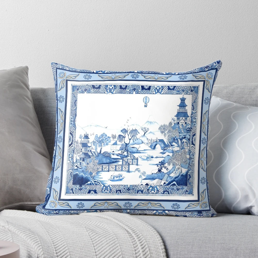 Blue and white porcelain inspired double frame pillow with pagoda and ginger jar design