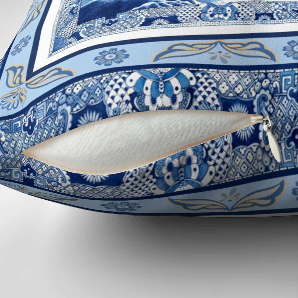 Blue and white porcelain inspired double frame pillow with pagoda and ginger jar design
