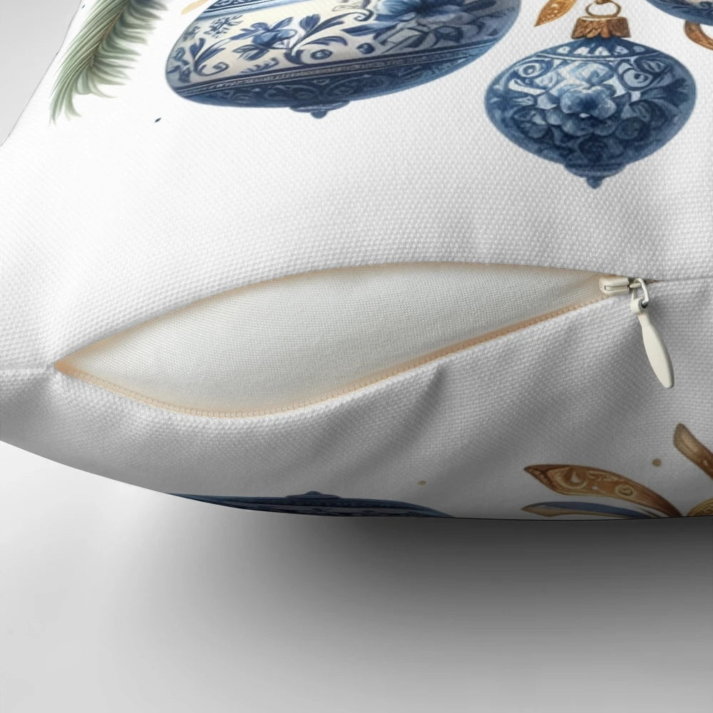 Blue chinoiserie-style Christmas pillow with berries, pine branches, and a bow