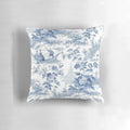 Blue and white chinoiserie pattern pillow with birds and floral designs