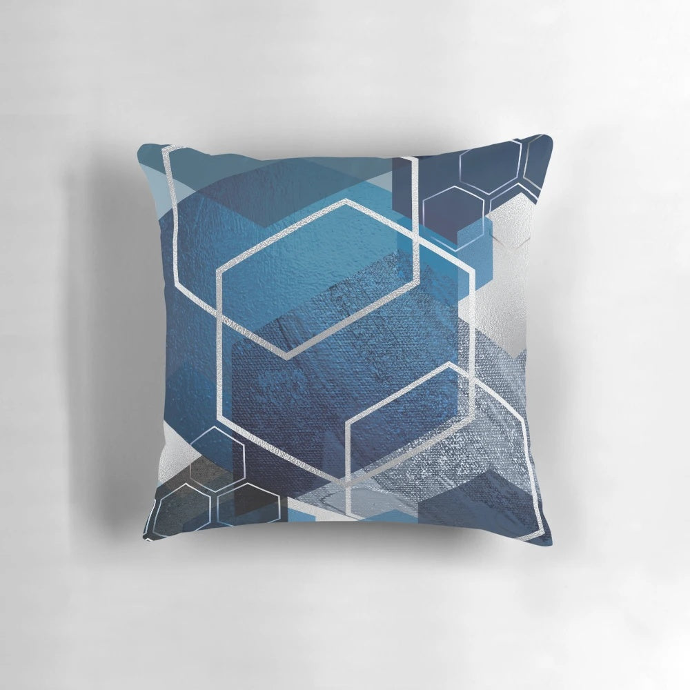 Blue and silver geometric hexagon throw pillow with modern, high-tech design