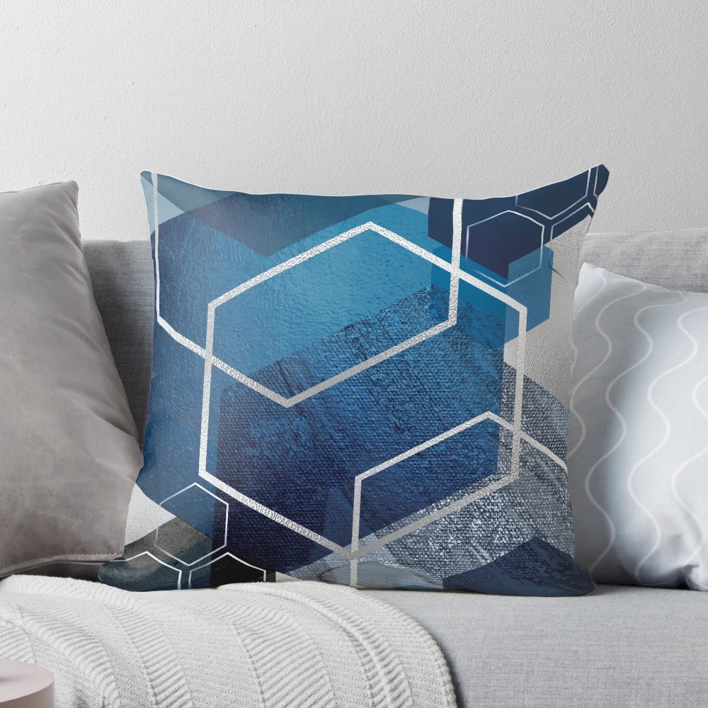 Blue and silver geometric hexagon throw pillow with modern, high-tech design