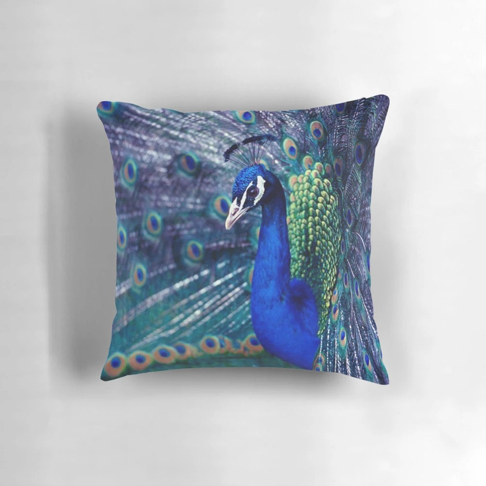 Striking blue peacock feather decorative throw pillow for cozy living spaces
