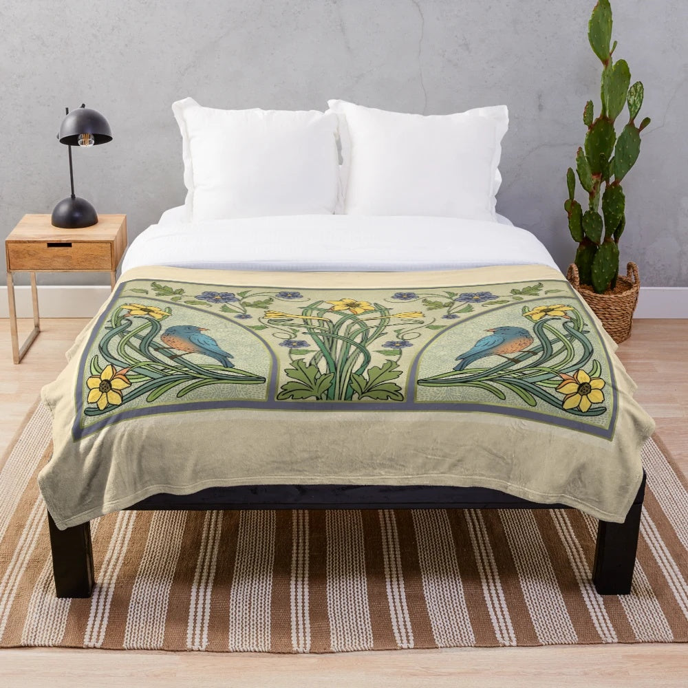 Bluebird and spring blossom inspired art nouveau plush blanket