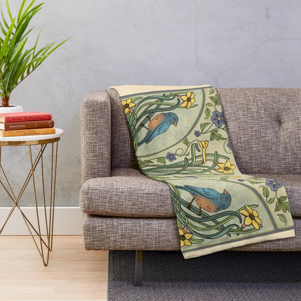 Bluebird and spring blossom inspired art nouveau plush blanket