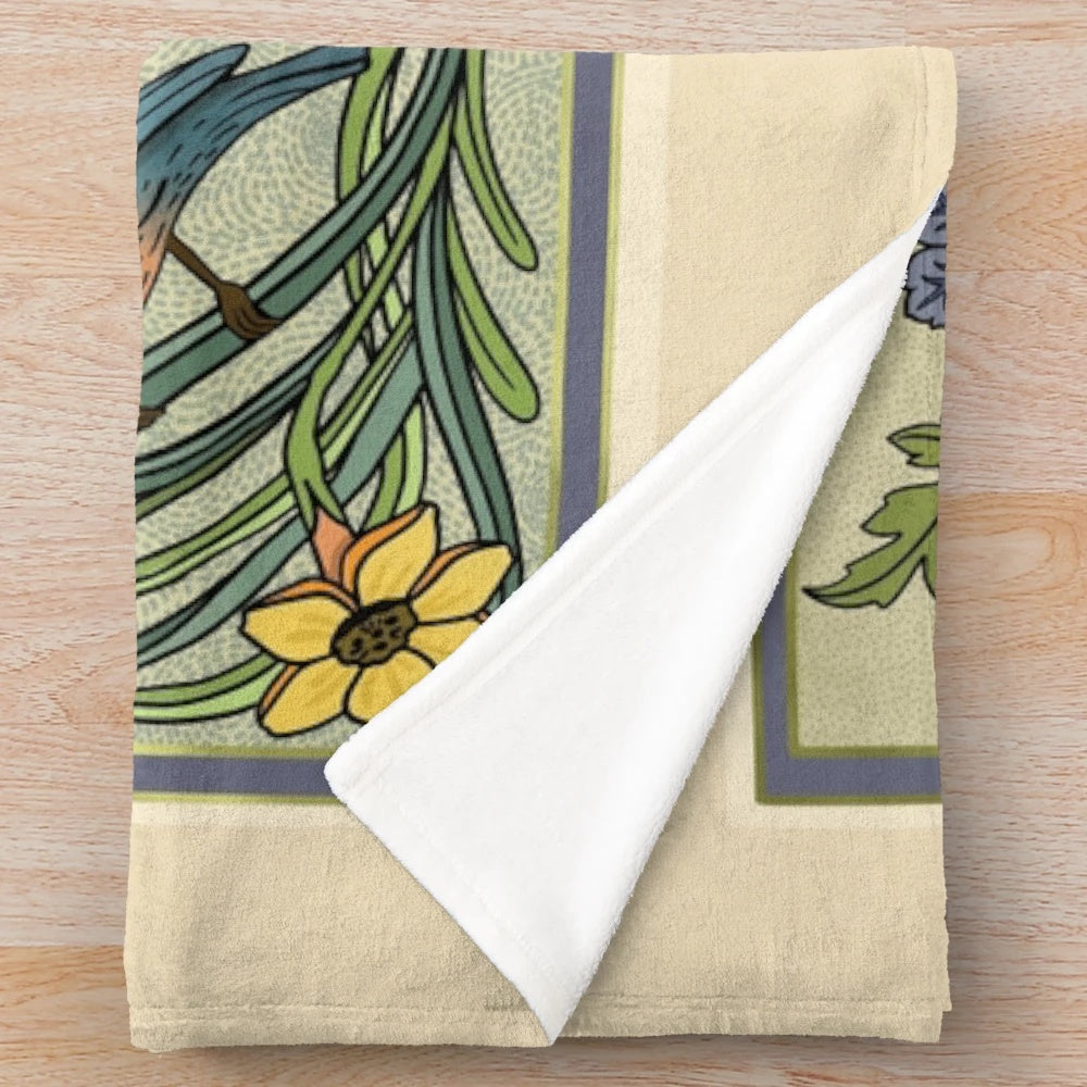 Bluebird and spring blossom inspired art nouveau plush blanket