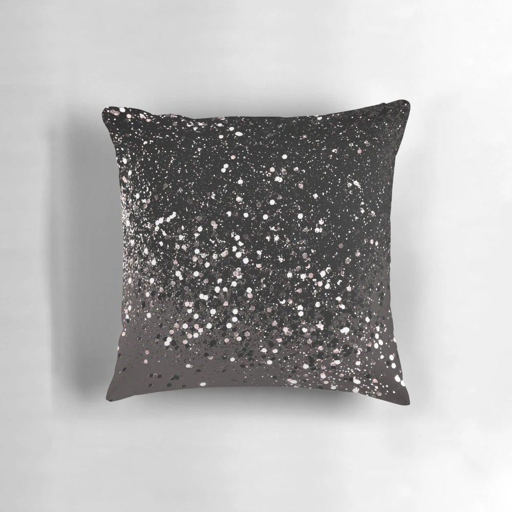 Soft, luxurious decorative pillow in a blush, gray, and black abstract pattern for a glamorous home accent.