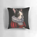 Artistic portrait of a Boston Terrier dressed in a red Renaissance-style ruff and gown.
