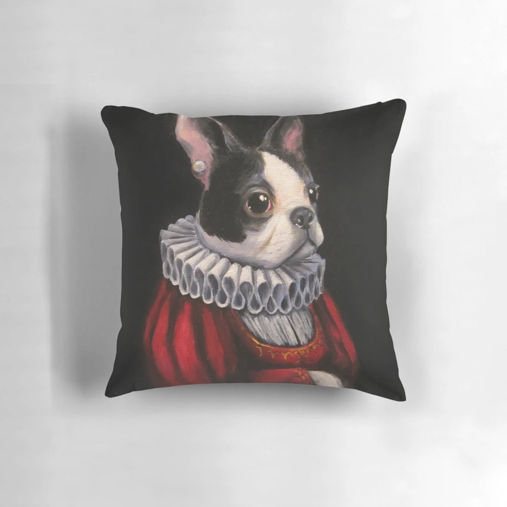 Artistic portrait of a Boston Terrier dressed in a red Renaissance-style ruff and gown.