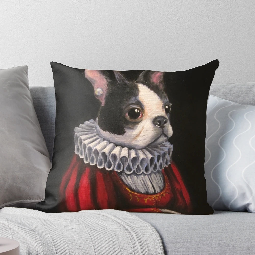 Artistic portrait of a Boston Terrier dressed in a red Renaissance-style ruff and gown.