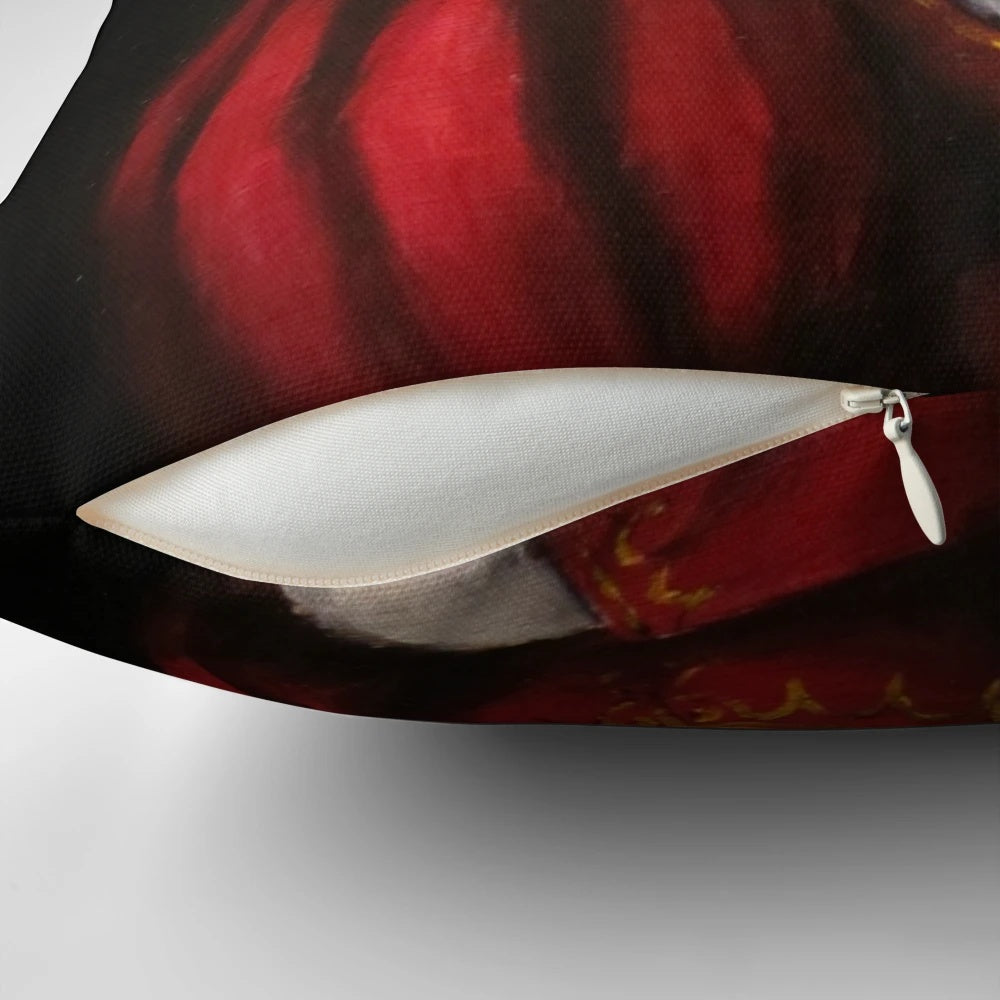 Artistic portrait of a Boston Terrier dressed in a red Renaissance-style ruff and gown.