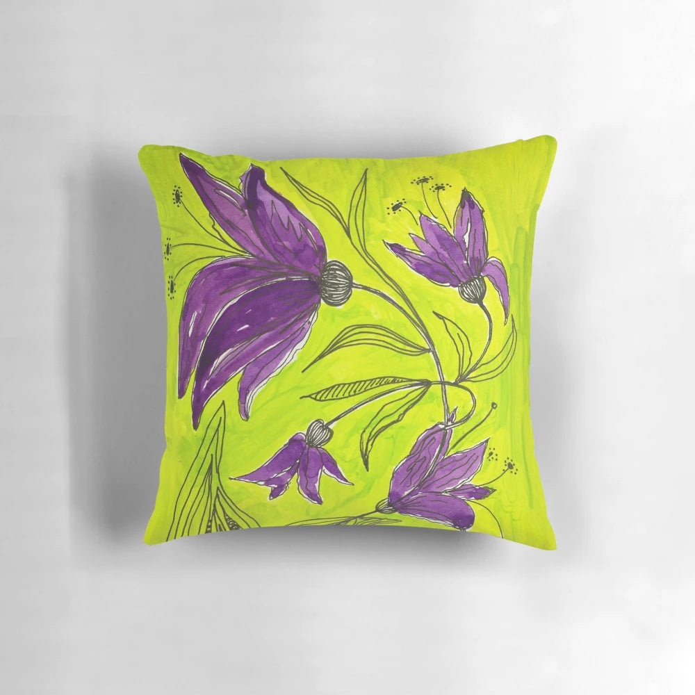 Elegant botanical-themed lime green and purple decorative pillow