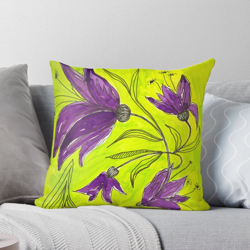 Elegant botanical-themed lime green and purple decorative pillow