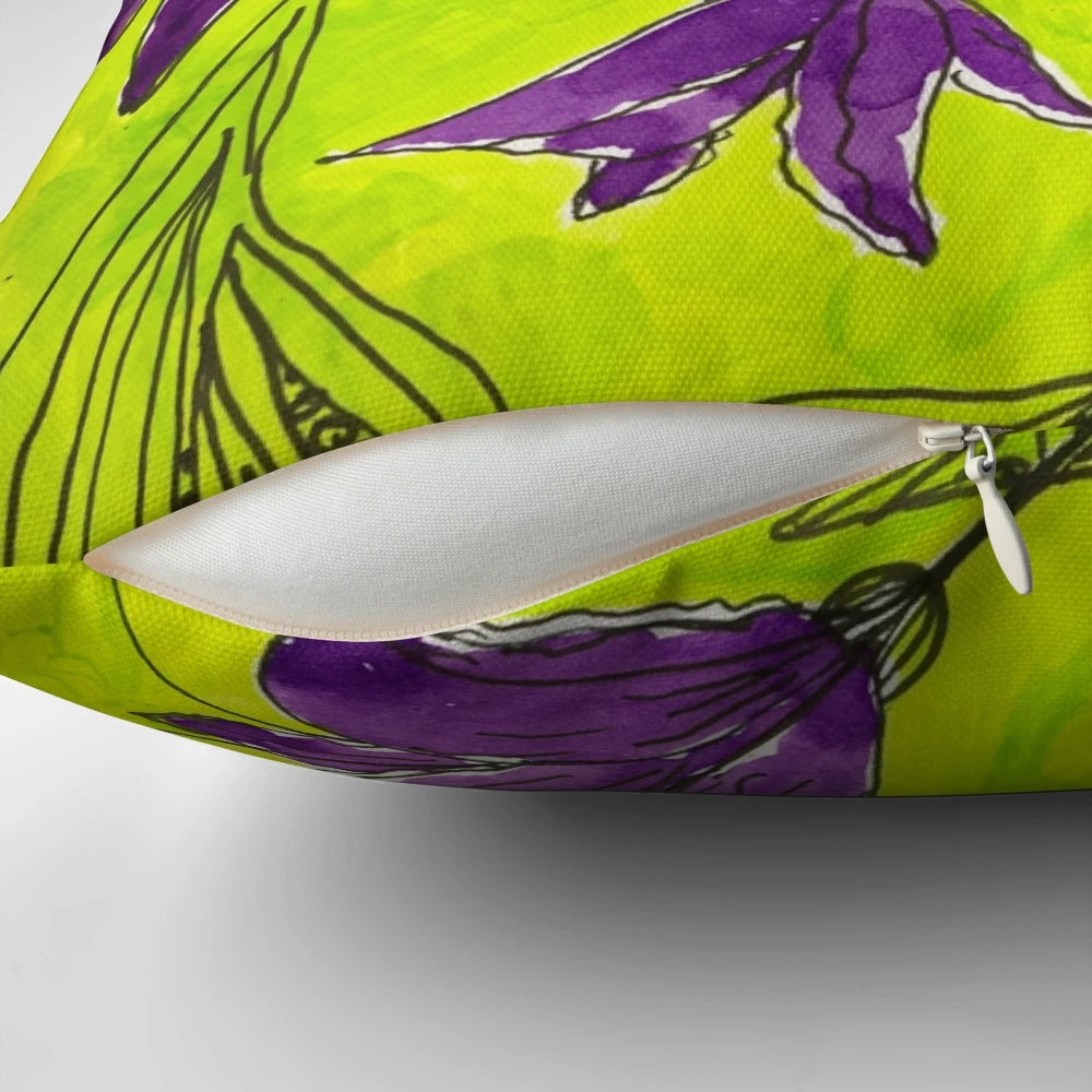 Elegant botanical-themed lime green and purple decorative pillow
