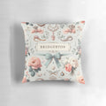 Whimsical pastel throw pillow with Bridgerton-inspired floral and regency design elements