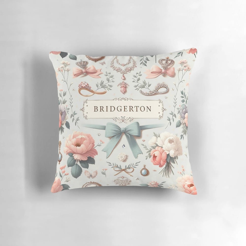 Whimsical pastel throw pillow with Bridgerton-inspired floral and regency design elements