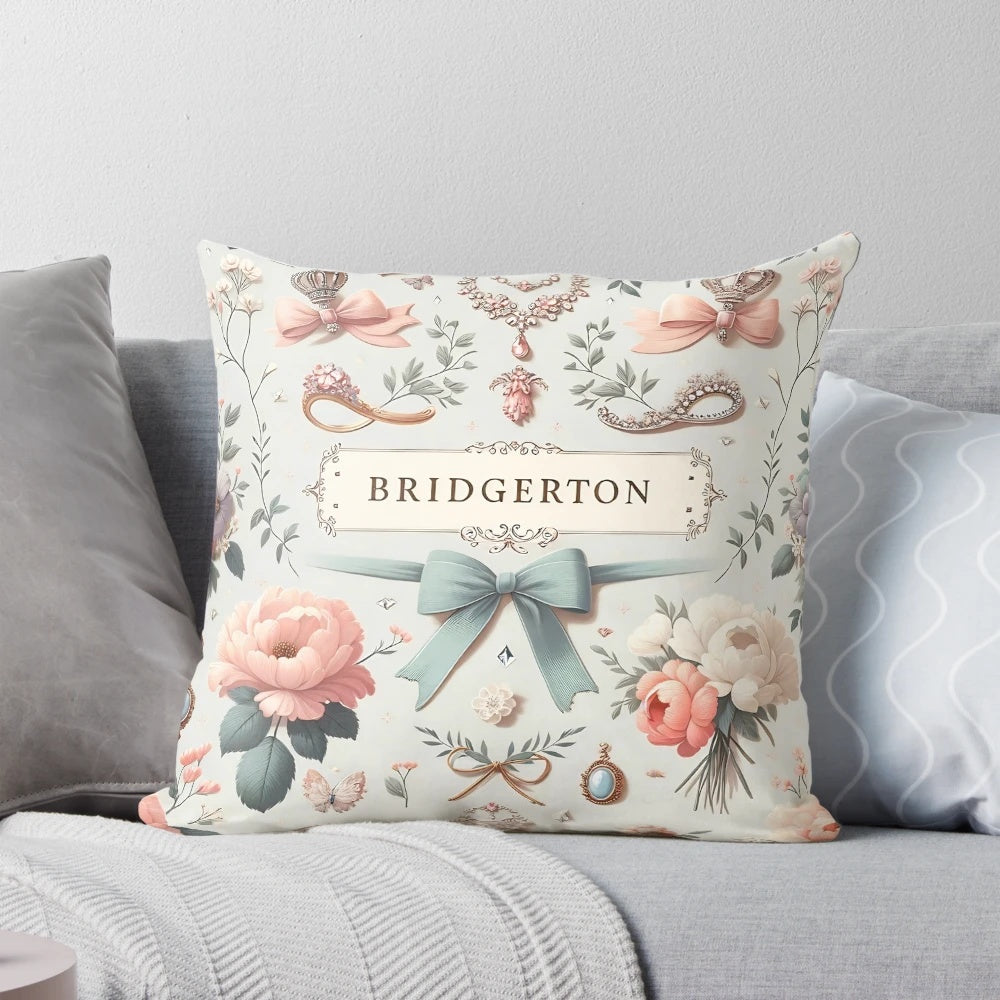Whimsical pastel throw pillow with Bridgerton-inspired floral and regency design elements