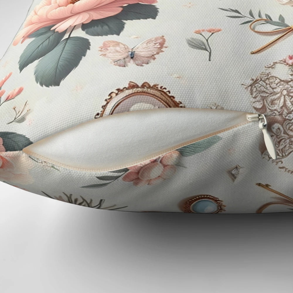 Whimsical pastel throw pillow with Bridgerton-inspired floral and regency design elements