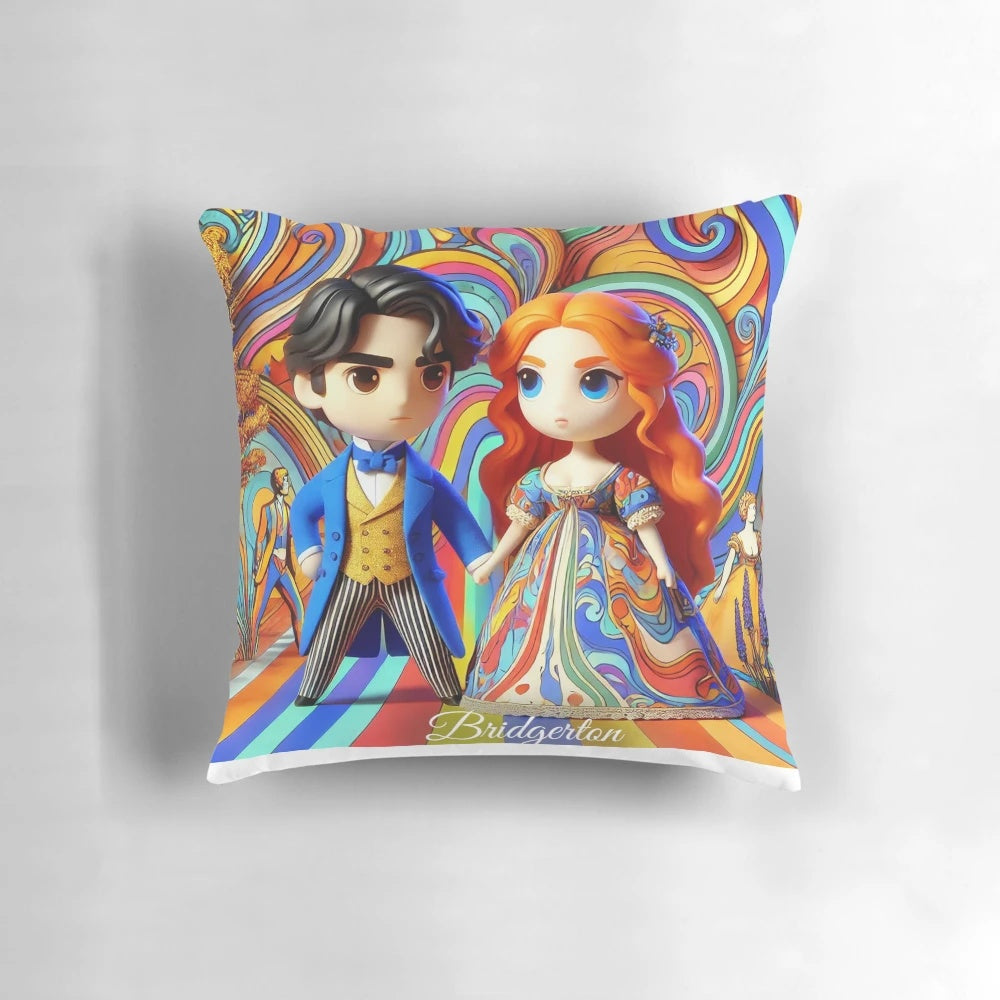 Colorful Bridgerton-inspired pillow design featuring characters Colin and Penelope in a vibrant, fauvist art style.