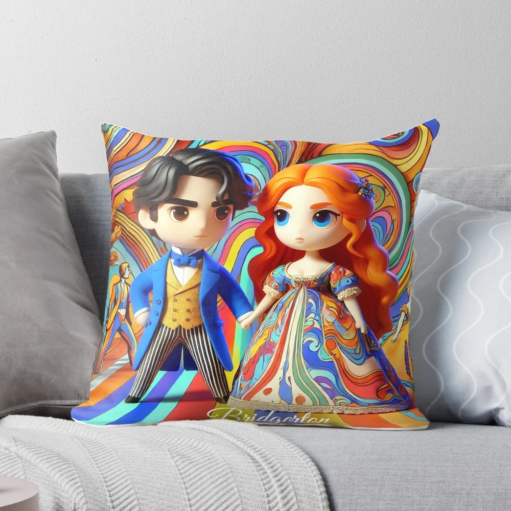 Colorful Bridgerton-inspired pillow design featuring characters Colin and Penelope in a vibrant, fauvist art style.
